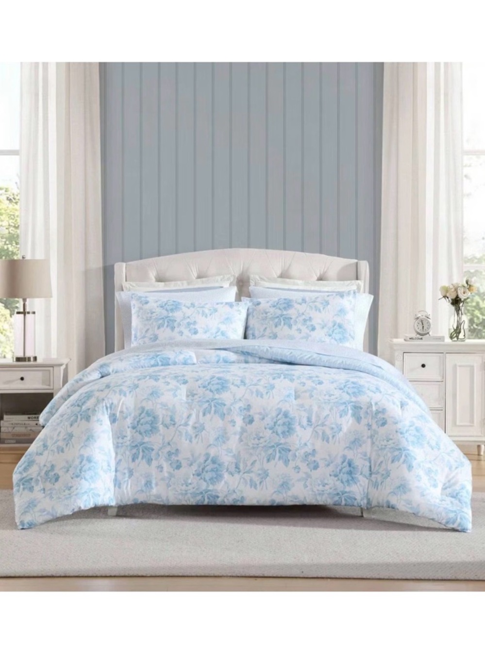 Laura Ashley 7pc Full/Queen Anja Textured Comforter Bedding Set Toile Blue